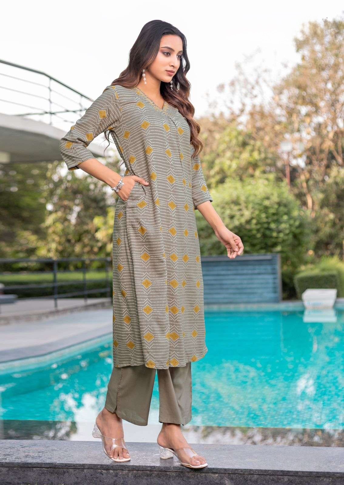 Rayon Printed Suit Set with Hand Work Detailing