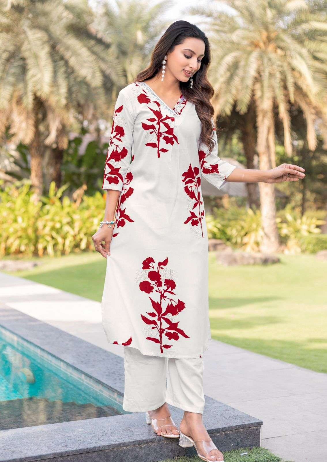 Rayon Printed Suit Set with Hand Work Detailing
